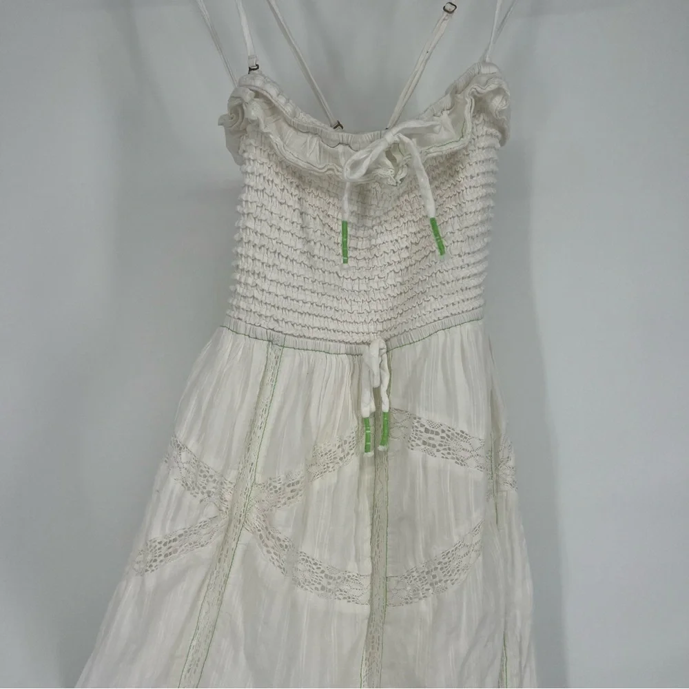 Free People Hi Hello White Floral Embroidered Lace Smocked Bohemian Midi Dress L